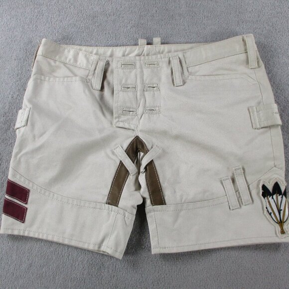 Dsquared Sexy Cargo Shorts Mens 46 Beige Made in Italy Patches Arrow Button Fly - Picture 2 of 13